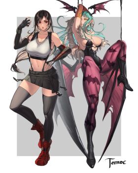2girls animal_print aqua_hair arm_behind_head arm_up armpit_crease armpits arms_up artist_name bare_shoulders bat_print bat_wings black_gloves black_hair black_leotard black_skirt black_sports_bra black_thighhighs boots bracelet breasts bridal_gauntlets cleavage clothing_cutout collarbone commentary covered_navel crop_top demon_girl demon_wings earrings elbow_gloves feather_trim final_fantasy final_fantasy_vii final_fantasy_vii_remake fingerless_gloves full_body gloves green_eyes green_hair hand_on_own_hip hand_up head_wings heart_cutout high_heel_boots high_heels highleg highleg_leotard highres jewelry knee_boots large_breasts leg_up leotard lips long_hair looking_at_viewer low-tied_long_hair low_wings midriff miniskirt morrigan_aensland multiple_girls navel oversized_wings pantyhose parted_lips print_pantyhose purple_pantyhose purple_wings red_boots red_eyes serious shiny_clothes shoes simple_background single_arm_guard single_earring skirt smile solo sports_bra standing standing_on_one_leg strapless strapless_leotard suspender_skirt suspenders tank_top temoc thighhighs thighs tifa_lockhart toned toned_female white_background white_tank_top wings yellow_eyes zettai_ryouiki