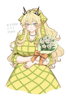 Rule 34 | 1girl, barghest (fate), blonde hair, blue eyes, blush, bouquet, breasts, checkered clothes, checkered dress, commentary request, dress, fate/grand order, fate (series), flower, highres, holding, holding bouquet, itokon300, large breasts, long hair, ponytail, rose, smile, white background, white flower, white rose