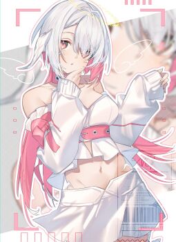 1girl au_ra bare_shoulders breasts bustier collar colored_inner_hair commentary detached_sleeves dragon_girl dragon_horns final_fantasy final_fantasy_xiv highres horns long_hair looking_at_viewer medium_breasts midriff motsuni_(lxxe1120) multicolored_hair navel pink_collar pink_hair red_eyes scales skirt solo symbol-only_commentary two-tone_hair warrior_of_light_(ff14) white_bustier white_hair white_skirt white_sleeves