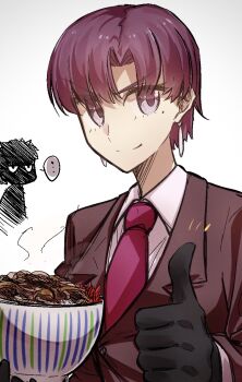 1boy 1girl bazett_fraga_mcremitz black_gloves bowl breasts brown_suit collared_shirt dress_shirt earrings fate/hollow_ataraxia fate_(series) food formal_clothes gloves highres jewelry long_sleeves looking_at_viewer medium_breasts mole mole_under_eye necktie parted_bangs red_eyes red_hair shirt short_hair smile suit thumbs_up white_shirt yubeshi_(zecxl)