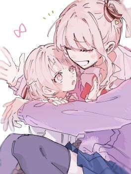 2others :d :o aged_down akiyama_mizuki blue_skirt blurry bow bowtie braid bright_pupils cardigan chi_kurukuru closed_eyes collared_shirt commentary_request depth_of_field dual_persona face-to-face facing_another feet_out_of_frame grin half_up_braid hand_on_another&#039;s_arm happy_birthday heart high_side_ponytail highres hug kamiyama_high_school_uniform_(project_sekai) long_hair long_sleeves looking_at_another miniskirt multiple_others open_mouth other_focus pink_bow pink_eyes pink_hair pleated_skirt project_sekai puffy_long_sleeves puffy_sleeves purple_cardigan purple_thighhighs red_bow red_bowtie school_uniform shirt short_hair side_ponytail sidelocks simple_background sitting skirt smile striped_bow swept_bangs thighhighs time_paradox two-tone_bow u_u white_background white_bow white_pupils white_shirt zettai_ryouiki