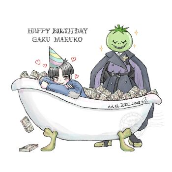 1boy 1girl absurdres banknote bathtub black_dress black_hair blue_jacket blush claw_foot_bathtub closed_eyes commentary dated dress dripping_eye drooling english_commentary english_text happy_birthday heart highres in_bathtub jacket leaning_on_object maruko_gaku masked mixed-language_commentary money oosuzuki_kurara parted_bangs patchwork_clothes red_eyes rj_octr short_hair simple_background sparkle the_hundred_line_-last_defense_academy- watermark white_background