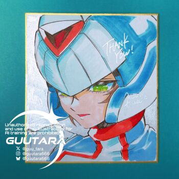 Rule 34 | 1boy, blue helmet, close-up, commentary request, cyber elf x (mega man), forehead jewel, gold border, green eyes, guutara, helmet, highres, mega man (series), mega man zero (series), photo (medium), shikishi, simple background, solo, traditional media, watermark, white background, x (mega man)