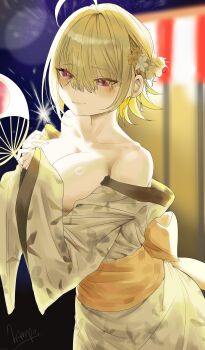 1girl absurdres ahoge alternate_costume bare_shoulders blonde_hair blurry blurry_background breasts cleavage closed_mouth colored_inner_hair commentary_request elegg_(nikke) fireworks flower goddess_of_victory:_nikke hair_flower hair_intakes hair_ornament hair_over_eyes hampo1219 hand_fan highres holding holding_fan holding_fireworks japanese_clothes kimono large_breasts lens_flare long_bangs long_sleeves looking_at_viewer multicolored_hair obi off_shoulder outdoors purple_eyes sash short_hair signature smile solo sparkler white_flower wide_sleeves yellow_flower yellow_kimono yellow_sash yukata