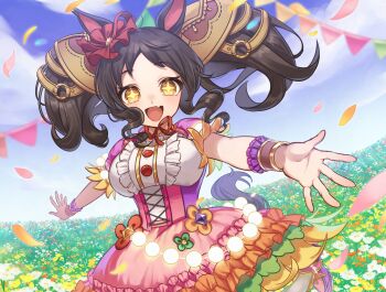 +_+ 1girl :d amazakura animal_ears blue_sky breasts brown_eyes brown_hair center_frills cloud commentary_request day dress fang field flower flower_field frills hair_ornament highres horse_ears horse_girl horse_tail long_hair looking_at_viewer marvelous_sunday_(kira_doki_waku_mabe)_(umamusume) marvelous_sunday_(umamusume) open_mouth outdoors outstretched_arms petals sky smile solo string_of_flags tail twintails umamusume