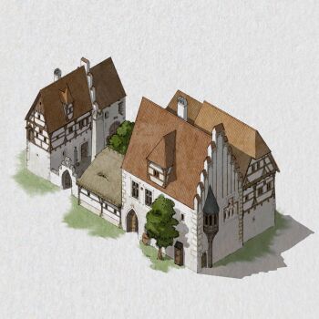 building clippymagic commentary english_commentary european_architecture grass grey_background highres isometric no_humans original shadow tree