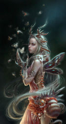 1girl blue_eyes bug claws facial_mark female_focus fingernails flower forehead_mark gem hair_ornament highres insect jewelry long_fingernails long_hair looking_back monster monster_girl moth original pearl_(gemstone) solo tail very_long_hair wings yoru_(xueyinye)