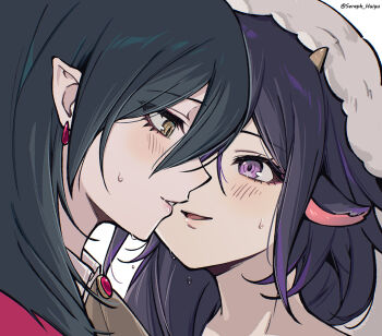 Rule 34 | 2girls, animal ears, black hair, blush, close-up, commentary request, danganronpa (series), danganronpa v3: killing harmony, earrings, ewa (seraphhuiyu), eyelashes, flipped hair, genderswap, genderswap (mtf), hair between eyes, hair over shoulder, highres, hood, hood up, horns, imminent kiss, jewelry, long hair, multiple girls, oma kokichi, parted lips, pink lips, pointy ears, portrait, profile, purple eyes, purple hair, saihara shuichi, sheep ears, sheep horns, slit pupils, smile, sweat, twitter username, white background, yellow eyes, yuri