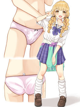 Rule 34 | 1girl, absurdres, black bow, blonde hair, bow, bow panties, bowtie, braid, brown shoes, fang, fujita kotone, full body, gakuen idolmaster, gluteal fold, highres, idolmaster, leg warmers, loafers, long hair, looking at viewer, multiple views, open mouth, panties, pink panties, pleated skirt, shirt, shoes, sidelocks, skin fang, skirt, standing, sugajyun, sweater, underwear, v, white background, white leg warmers, white shirt, yellow eyes