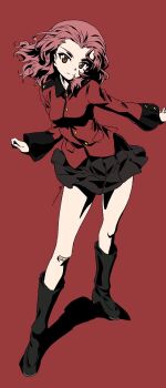 1girl absurdres black_skirt boots breasts commentary_request contrapposto erakin forehead girls_und_panzer highres jacket knee_boots looking_at_viewer medium_breasts medium_hair messy_hair outstretched_arms pink_eyes pink_hair red_background red_jacket rosehip_(girls_und_panzer) skirt sleeves_past_wrists smile solo st._gloriana&#039;s_military_uniform