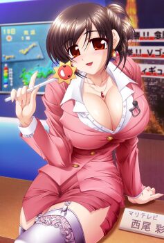 1girl blush breasts brown_hair cleavage desk dress earrings garter_straps hair_bun japanese_text jewelry large_breasts looking_at_viewer lune_(company) marine_(company) microphone necklace newscaster nishio_aya office office_lady on_desk oshaburi_announcer rapapuru red_eyes sitting smile solo thighhighs tight_clothes tight_dress weathergirl