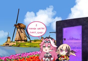 2girls ahoge animal_ears being_lost beret black_hat black_tube_top brown_hair chibi dasdokter english_text field flower flower_field gigi_murin gigi_murin_(1st_costume) goggles goggles_on_head hat hololive hololive_english hood hoodie long_hair minecraft multicolored_hair multiple_girls nether_portal netherlands orange_hoodie panther_ears photo-referenced pink_eyes pink_hair pun raora_panthera raora_panthera_(1st_costume) speech_bubble strapless streaked_hair tube_top two-tone_hair two_side_up vest virtual_youtuber white_vest windmill yellow_eyes
