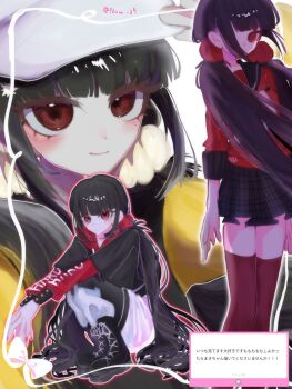 1girl black_hair black_hoodie black_shoes black_skirt blush bow danganronpa_(series) danganronpa_v3:_killing_harmony harukawa_maki hat highres hood hood_down hoodie long_hair low_twintails miniskirt mole mole_under_eye no-jiru official_alternate_costume plaid_clothes plaid_skirt red_hoodie red_scrunchie red_shirt red_thighhighs school_uniform scrunchie shirt shoes skirt smile standing thighhighs translation_request twintails white_bow white_hat zettai_ryouiki