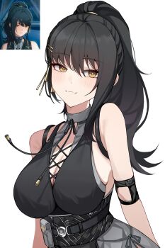 1girl :3 absurdres alternate_breast_size_(larger) alternate_hairstyle bare_shoulders belt black_dress black_hair blush breasts cleavage closed_mouth commentary_request dress elbow_pads female_rover_(wuthering_waves) game_screenshot_inset hair_ornament highres huge_breasts korean_commentary light_blush long_hair looking_at_viewer oxooxo666 ponytail pouch reference_inset rover_(wuthering_waves) sidelocks simple_background sleeveless smile solo upper_body white_background wuthering_waves yellow_eyes