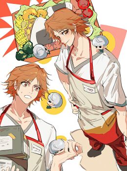 26duuuu 2boys apron brown_eyes brown_hair chibi closed_mouth food grey_hair hanamura_yousuke hand_on_own_hip highres holding_chibi lunchbox male_focus multiple_boys multiple_views narukami_yu onigiri open_mouth pants persona persona_4 red_pants shirt short_sleeves smile v-neck white_shirt