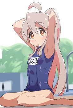 1girl absurdres ahoge armpit_focus armpits arms_behind_head arms_up bare_arms bare_legs barefoot breasts brown_eyes commentary covered_navel dot_nose grey_hair hair_between_eyes hair_tie_in_mouth highres long_hair looking_at_viewer mouth_hold multicolored_hair name_tag old_school_swimsuit onii-chan_wa_oshimai! oyama_mahiro pink_hair ponytail poolside rokochandayo school_swimsuit sitting small_breasts solo swimsuit two-tone_hair tying_hair very_long_hair wariza