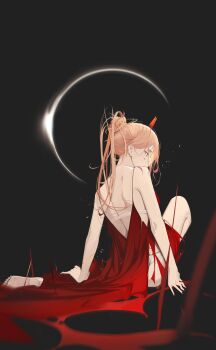 Rule 34 | 1girl, backless dress, backless outfit, bare back, bare shoulders, black background, blonde hair, bra, chainsaw man, demon horns, dress, eclipse, from behind, hair bun, highres, horns, light particles, looking down, mintshen, panties, power (chainsaw man), red dress, red horns, red nails, sitting, solo, torn clothes, translation request, underwear, white bra, white panties