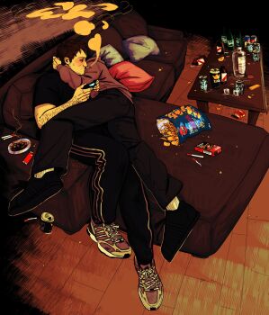 2boys afraid_of_monsters alcohol arm_around_neck arm_hair ashtray beard_stubble black_hair black_shirt bottle can controller couch creator_connection cry_of_fear david_leatherhoff drink_can facial_hair from_above full_body game_controller highres holding holding_controller holding_game_controller hood hood_down hoodie hug living_room male_focus messy_room multiple_boys outstretched_leg red_hoodie scar scar_on_face shirt short_hair simon_henriksson smoke smoke_trail smoking stubble t-shirt too_many_cans ttwicoff yaoi