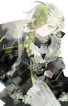 1girl absurdres ahoge ascot black_coat bow coat commission dress eyelashes facial_mark flower forehead_mark frills gem green_flower green_hair grey_bow hair_flower hair_ornament highres holding japanese_clothes kimono liangzhi_mian_gou long_hair long_sleeves mihuashi_commission obi original parted_bangs parted_lips pearl_(gemstone) red_bow sample_watermark sash sidelocks simple_background sitting solo striped_clothes striped_dress watermark white_ascot white_background white_flower wide_sleeves yellow_eyes