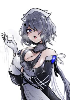 Rule 34 | 1girl, arknights, bare shoulders, black dress, blush, breasts, detached sleeves, dress, eyepatch, geist43195783, gloves, grey hair, hair ornament, hat, highres, large breasts, looking at viewer, medical eyepatch, nurse cap, one eye covered, open mouth, purple eyes, short hair, simple background, solo, suggestive fluid, whisperain (arknights), white background, white gloves, x hair ornament