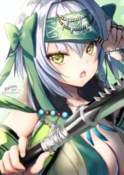1girl artist_name ayakawa_riku bellatrix_(escalation_heroines) bow breasts choukou_(alicesoft) choukou_taisen_escalation_heroines cleavage commentary_request feather_necklace feathers green_headband hair_bow headband holding holding_polearm holding_weapon jewelry large_breasts looking_at_viewer necklace official_art open_mouth polearm solo weapon yellow_eyes