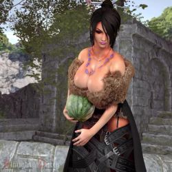 1girl 3d almightypatty animated black_hair bouncing_breasts breasts brown_eyes cleavage clothes collar dress ear_piercing female_focus final_fantasy final_fantasy_x food fruit hair_bun hair_ornament hair_over_one_eye hair_stick huge_breasts jewelry leaning_forward lipstick long_hair looking_at_viewer lulu_(ff10) makeup necklace piercing purple_lips single_hair_bun solo square_enix watermelon video