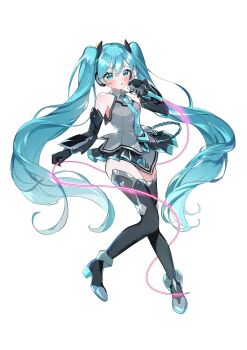 1girl aqua_eyes aqua_hair aqua_necktie bare_shoulders black_gloves black_skirt black_thighhighs commentary full_body gloves grey_shirt hatsune_miku headset highres holding holding_microphone long_hair looking_at_viewer magical_mirai_(vocaloid) magical_mirai_miku magical_mirai_miku_(2014) microphone miniskirt nanatsubaaaa necktie shirt simple_background skirt sleeveless sleeveless_shirt solo thighhighs very_long_hair vocaloid white_background zettai_ryouiki