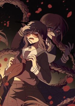 2girls blood blood_splatter blush braid collared_shirt commentary_request criis-chan danganronpa:_trigger_happy_havoc danganronpa_(series) dual_persona eyelashes fukawa_toko genocider_shou glasses hair_between_eyes hand_on_another&#039;s_head hashtag-only_commentary long_hair long_sleeves long_tongue mole mole_under_mouth multiple_girls neckerchief one_eye_closed open_mouth purple_eyes red_eyes round_eyewear sailor_collar shirt skirt smile teeth tongue tongue_out twin_braids twintails twitter_username upper_teeth_only very_long_hair white_sailor_collar