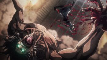 2boys blood blurry depth_of_field dismemberment eren_yeager glowing glowing_eyes green_eyes guro highres male_focus multiple_boys official_style open_mouth outdoors rogue_titan severed_leg severed_limb severed_torso shingeki_no_kyojin smoke teeth titan_(shingeki_no_kyojin) tongue vibraanims willy_tybur