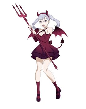 1girl absurdres black_clover black_clover_m:_rise_of_the_wizard_king blush breasts demon_tail dress fake_horns full_body grey_hair hairband halloween_costume highres holding holding_pitchfork horn_hairband horns large_breasts long_hair looking_at_viewer mini_wings noelle_silva non-web_source official_alternate_costume official_art open_mouth pink_eyes pitchfork red_dress red_hairband red_horns red_shoes red_socks red_tail shoes simple_background socks solo tail teeth transparent_background twintails upper_teeth_only wings