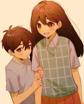 Rule 34 | 1boy, 1girl, ahoge, blush stickers, brown eyes, brown hair, closed mouth, collared shirt, green sweater vest, grey shirt, hair between eyes, height difference, highres, holding another&#039;s arm, long hair, looking at another, mari (omori), omori, open mouth, orange skirt, plaid clothes, plaid sweater vest, pleated skirt, sepia background, shirt, short hair, simple background, skirt, smile, sunny (omori), sweater vest, teeth, white shirt, wosinnk