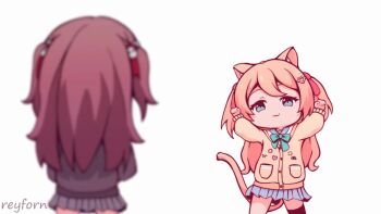 2girls animal_ears animated aqua_eyes artist_name black_thighhighs blush bow brown_hair cat_ears cat_girl cat_tail dancing demon_tail evil_neuro-sama hair_bow hair_ornament heart heart_hair_ornament highres horns indie_virtual_youtuber lonely_lonely_dance_(meme) long_hair looking_at_another meme multiple_girls neuro-sama orange_hair paw_pose red_eyes reyforn simple_background single_sock single_thighhigh skirt smile socks sweater tail thighhighs vedal_ai video virtual_youtuber white_background youtube_video_thumbnail