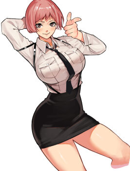 1girl absurdres black_necktie black_skirt blush breasts collared_shirt high-waist_skirt highres large_breasts long_sleeves looking_at_viewer nadainishi necktie original pink_eyes pink_hair pointing pointing_at_viewer shirt short_hair simple_background skirt smile solo suspender_skirt suspenders white_background white_shirt