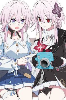 2girls :d black_choker black_overskirt blue_jacket blue_skirt bra_strap buttons camera choker commentary_request dress drum_(acta2436) dual_persona earrings evernight_(honkai:_star_rail) floral_print flower gloves gradient_clothes gradient_jacket hair_between_eyes hair_flower hair_ornament hairclip highres holding holding_camera honkai:_star_rail honkai_(series) jacket jewelry long_sleeves march_7th_(honkai:_star_rail) march_7th_(preservation)_(honkai:_star_rail) miniskirt multicolored_eyes multiple_girls off-shoulder_jacket off_shoulder open_mouth pink_hair pink_jacket pleated_skirt red_eyes shirt single_bare_shoulder single_earring skirt smile thigh_strap two-tone_eyes underbust white_shirt yuri