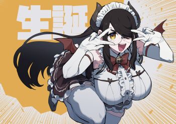 1girl absurdres black_hair black_horns black_shoes bow bowtie breasts buttons center_frills commentary_request double_v elbow_gloves frills glasses gloves hair_over_one_eye highres horns indie_virtual_youtuber itou_life_(vtuber) large_breasts long_hair maid maid_headdress open_mouth red_bow red_bowtie shoes solo teeth thighhighs upper_teeth_only v v_over_eye virtual_youtuber white_gloves white_thighhighs wrbs yellow_eyes