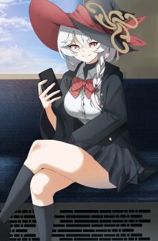 1girl absurdres blue_archive bow bowtie brown_halo commentary crossed_legs diagonal-striped_bow diagonal-striped_bowtie diagonal-striped_clothes english_commentary eri_(blue_archive) halo hat highres holding holding_phone long_hair orange_halo phone red_bow red_bowtie side_halo sitting smile solo striped_bow striped_bowtie striped_clothes tilted_halo train_interior two-sided_fabric two-sided_headwear unbuttoned_jacket white_hair windowtoto witch_hat yellow_halo