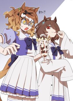 2girls :3 agnes_tachyon_(umamusume) ahoge animal_ear_piercing animal_ears bow bowtie brown_hair commentary_request cowboy_shot crossed_bangs doggwa double-parted_bangs dress food food_theft frilled_dress frills gradient_background hair_between_eyes hair_over_one_eye highres holding holding_food horse_ears horse_girl horse_tail jungle_pocket_(umamusume) looking_at_another medium_hair multicolored_hair multiple_girls open_mouth outline parfait partially_shaded_face puffy_short_sleeves puffy_sleeves purple_background purple_bow purple_bowtie purple_dress red_eyes sailor_collar school_uniform short_sleeves simple_background streaked_hair sweatdrop tail tail_bow tail_ornament thighhighs tracen_school_uniform translation_request two-tone_dress umamusume utensil_in_mouth white_background white_dress white_hair white_outline white_sailor_collar white_thighhighs wide-eyed yellow_eyes zettai_ryouiki