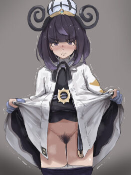 1girl black_pubic_hair blush closed_mouth clothes_lift commentary_request dress dress_lift female_pubic_hair grey_background gwynn_(pokemon) hat lifting_own_clothes long_sleeves looking_at_viewer nintendo panties panty_pull pantyhose pokemon pokemon_legends:_z-a pubic_hair purple_eyes purple_hair revision short_hair solo thighs trembling underwear white_hat x4824