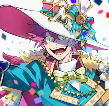 1boy blue_coat blue_eyes bow bowtie cape character_request coat commentary_request feathers fur_cape hair_between_eyes hat long_bangs looking_at_viewer male_focus namosuke_(oetwmkekmz) open_mouth pink_hair pink_pupils shaded_face shirt short_hair simple_background smile solo striped_bow striped_bowtie striped_clothes tales_weaver teeth top_hat upper_body white_background white_hat white_shirt yellow_bow yellow_bowtie