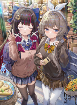2girls alternate_costume arm_hug backpack bag black_hair black_thighhighs blue_bow blue_bowtie blue_eyes blush bow bowtie brown_hair closed_eyes closed_mouth columbina_(genshin_impact) commentary flower food genshin_impact hand_up highres holding holding_phone long_hair long_sleeves multicolored_hair multiple_girls outdoors pantyhose phone purple_hair sandrone_(genshin_impact) school_bag school_uniform short_hair_with_long_locks skirt smile thighhighs torino_aqua two-tone_hair v v-shaped_eyebrows very_long_hair white_pantyhose yellow_bow yellow_bowtie zettai_ryouiki