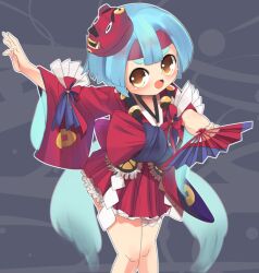 Rule 34 | 1girl, :d, blue hair, blunt bangs, blush, coin print, commentary request, feet out of frame, flat chest, folding fan, frilled kimono, frills, grey background, hand fan, headband, holding, holding fan, japanese clothes, kimono, kingyo hime (onmyoji), lets0020, looking at viewer, mask, mask on head, medium bangs, oni mask, onmyoji, open mouth, print kimono, red headband, red kimono, shide, smile, solo, thick eyebrows, wide sleeves, yellow eyes