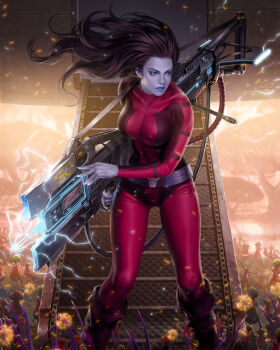 1girl black_hair blue_eyes blue_lips bodysuit boots colored_skin commentary english_commentary eyeshadow floating_hair guardians_of_the_galaxy gun highres holding holding_gun holding_weapon huge_weapon long_hair looking_to_the_side makeup marvel multicolored_bodysuit nebula_(gotg) official_art outdoors plant purple_boots purple_eyeshadow purple_skin red_bodysuit signature solo stairs two-tone_bodysuit weapon yoon_junggeun