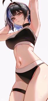 1girl absurdres ahoge armpits arms_behind_head arms_up black_bra black_choker black_hair black_panties blue_streaks blush bra breasts choker colored_inner_hair commentary cross cross_earrings earclip earrings english_commentary freckles hair_intakes hair_ornament hairclip heart heart_earrings highres irene_(kanniiepan) jewelry kanniiepan large_breasts looking_at_viewer mole mole_under_eye multicolored_hair navel original panties short_hair simple_background solo spiked_ear_piercing stomach streaked_hair sweat thigh_strap two-tone_hair underwear underwear_only white_background yellow_eyes