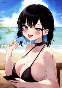 Rule 34 | 1girl, absurdres, artist name, beach, bikini, bird, black bikini, black choker, black hair, blue eyes, blue hair, blue sky, blush, bob cut, breasts, cellphone, choker, cleavage, cloud, cloudy sky, collarbone, colored inner hair, day, dengeki moeoh, ear piercing, earclip, food, hair behind ear, hair ornament, hairclip, hand up, highres, holding, holding food, holding phone, holding popsicle, horizon, large breasts, lens flare, looking at viewer, magazine scan, melting popsicle, mole, mole on breast, mole under eye, multicolored hair, o-ring, o-ring choker, ocean, original, outdoors, page number, parallel hairclips, parted bangs, phone, piercing, popsicle, railing, rei (rei 9146), scan, short hair, sideboob, sitting, sky, smartphone, solo, spiked ear piercing, sunlight, sweat, swimsuit, third-party source, tongue, tongue out, upper body, wooden railing