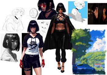 belt black_choker black_coat black_footwear black_gloves black_hair black_pants blue_car blue_sky bush car choker cloud coat commentary earrings english_commentary gloves highres jewelry motor_vehicle navel nerogmi nissan nissan_skyline nissan_skyline_r34 open_clothes open_coat original outdoors painterly pants power_lines scenery shade short_hair simple_background sky sunglasses tree tree_shade under_tree white_background