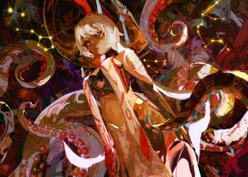 1girl abstract_background absurdres colorful commentary dark_skin english_commentary hat highres kevin_adi looking_at_viewer original solo tentacles white_hair wizard_hat yellow_eyes