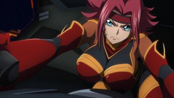 1girl anime_screenshot blue_eyes bodysuit breasts code_geass code_geass:_dakkan_no_roze headband highres huge_breasts kouzuki_kallen large_breasts red_hair short_hair solo