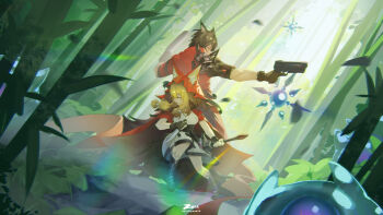 Rule 34 | 1boy, 1girl, absurdres, animal ears, arknights, arknights: endfield, artist logo, bamboo, bamboo forest, black boots, black gloves, black hair, blonde hair, boots, brother and sister, cape, closed mouth, commentary, dagger, dress, forest, gloves, gun, highres, holding, holding dagger, holding gun, holding knife, holding weapon, hood, hood up, hooded cape, knife, logo, long hair, nature, outdoors, red hood, rossi (arknights), short hair, siblings, signature, weapon, white dress, wolf boy, wolf ears, wolf girl, wulfgard (arknights), znith