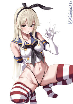 1girl black_neckerchief black_panties blonde_hair blue_sailor_collar blush breasts ebifurya elbow_gloves fellatio_gesture gloves hairband highleg highleg_panties highres horizontal-striped_thighhighs kantai_collection long_hair looking_at_viewer navel neckerchief one-hour_drawing_challenge open_mouth panties sailor_collar school_uniform shimakaze_(kancolle) solo spread_legs squatting striped_clothes striped_thighhighs thighhighs thong twitter_username underwear white_background white_gloves