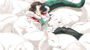 1girl anjo_nala baby_animal black_hair black_skirt blood blood_on_clothes blood_on_face closed_eyes coif corset facing_viewer feet_out_of_frame gloves green_gloves green_tail hat highres lamb ling_(chaaaaanhikari) lizard_tail lying lying_on_animal neckerchief on_animal parted_bangs pinstripe_pattern pinstripe_shirt reverse:1999 sheep shirt skirt sleeping smile solo striped_clothes striped_shirt tail vertical-striped_clothes vertical-striped_shirt white_corset white_hat white_neckerchief white_shirt